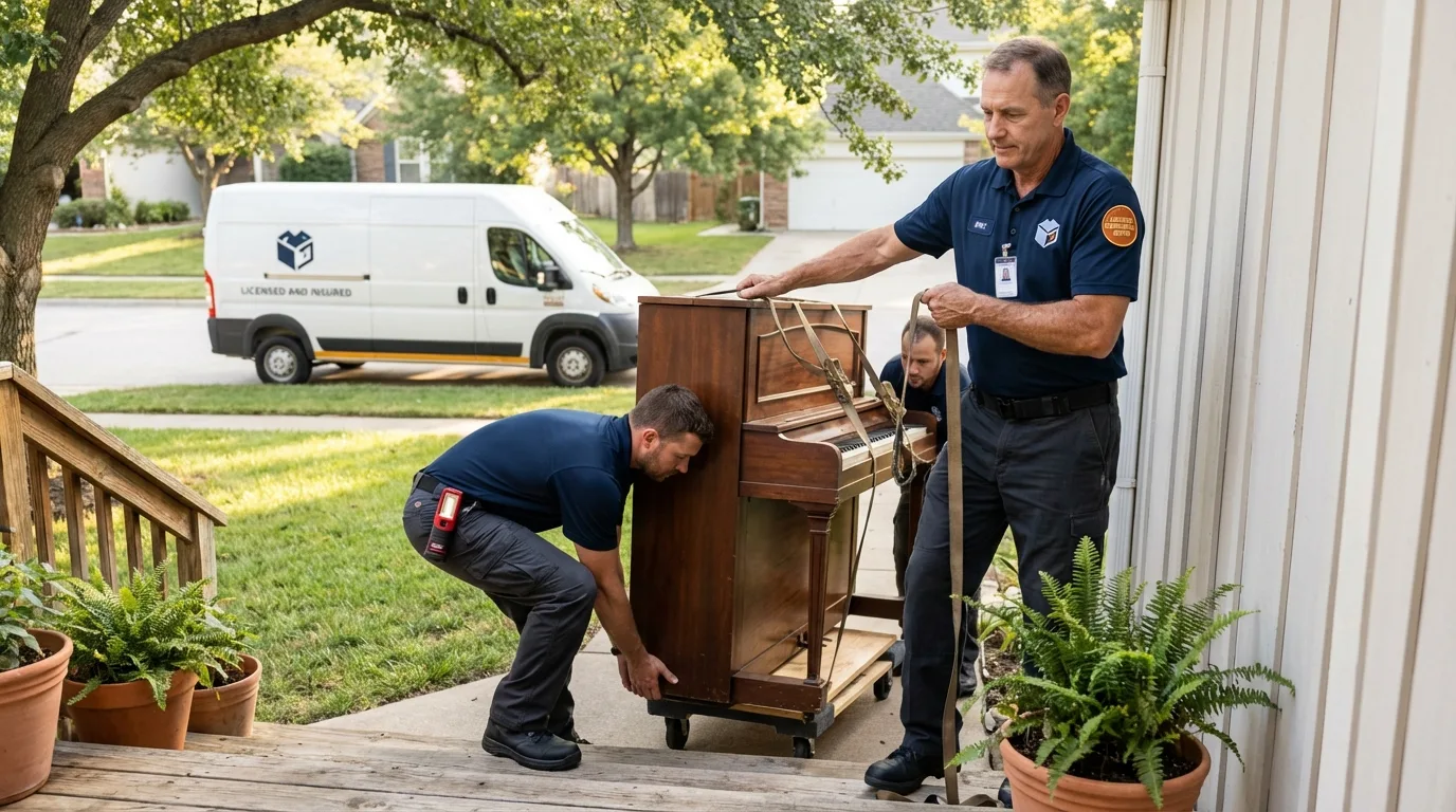 Licensed piano movers securing grand piano in Middlebury, IN