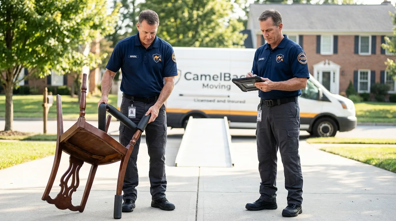Movers inspecting furniture for damage prevention before loading in Middlebury, IN