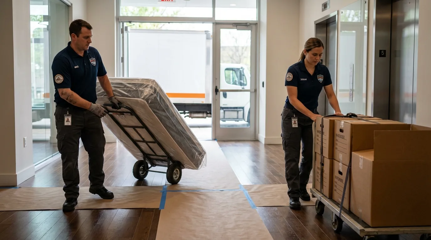 Professional apartment movers loading elevator in Middlebury, IN