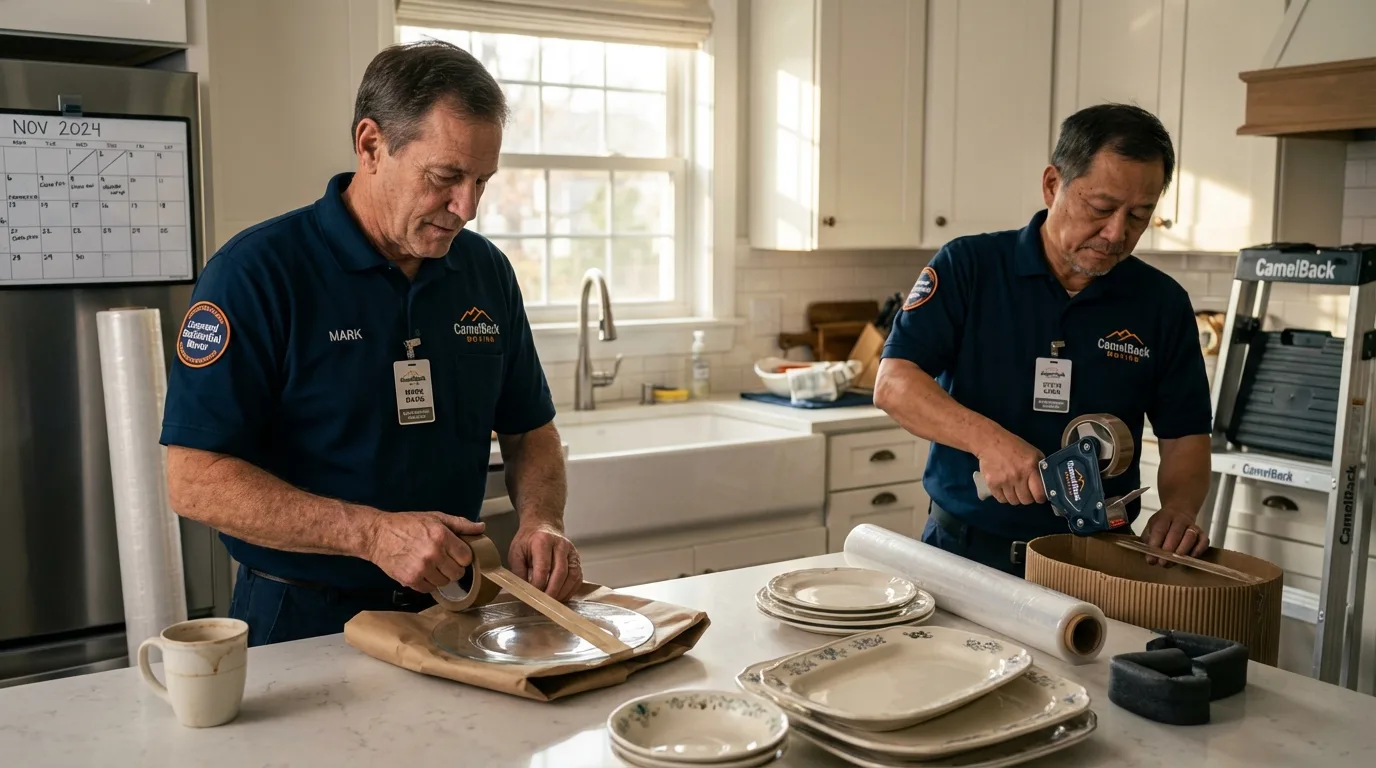 Professional crew packing kitchen dishware in Middlebury, IN